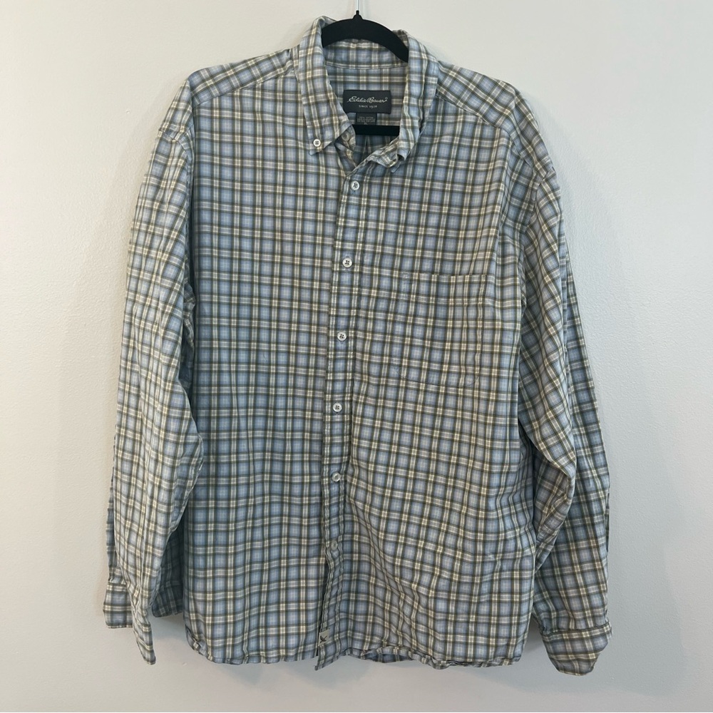 Eddie Bauer Blue and Green Plaid Button Down Shirt, Size XL